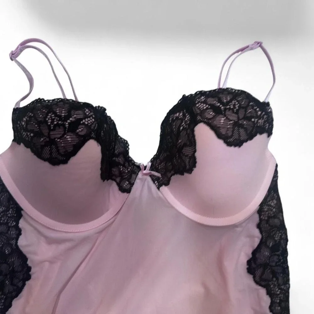 Victoria Secret Black/ Pink Lace Teddy‎ Medium Sexy Lacy Sheer